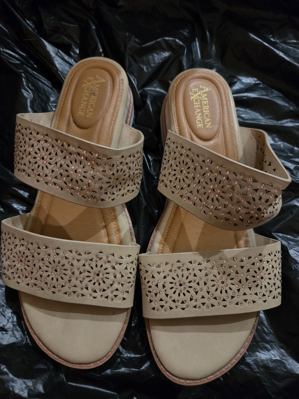 American Exchange Nude Laser-Cut Double Strap Slide Sandals